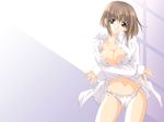  breasts brown_hair carnelian cleavage green_eyes highres large_breasts navel no_pants open_clothes open_shirt original panties shirt smile solo third-party_edit underwear wallpaper 