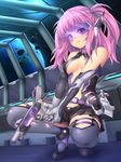  bare_shoulders belt boots breasts center_opening elbow_gloves frown full_body gloves gun mecha_musume medium_breasts original pink_hair purple_eyes robot_ears sasaame science_fiction sideboob solo squatting thigh_boots thighhighs two_side_up visor weapon 