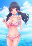  :d absurdres bangs bare_arms bikini black_hair blush breasts cleavage cloud collarbone cowboy_shot day drinking_straw frilled_bikini frills front-tie_bikini front-tie_top highres large_breasts long_hair looking_at_viewer nanashiki_fuuka navel ocean open_mouth original outdoors purple_eyes shaved_ice side-tie_bikini sky smile solo spoon_straw swimsuit twintails underboob water 