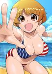  american_flag_bikini bikini blonde_hair breasts brown_eyes cleavage flag_print foreshortening fukuda_noriko idolmaster idolmaster_million_live! large_breasts short_hair shu-z swimsuit 