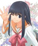  ;) arm_up black_eyes black_hair blush floral_background flower hirokiku leaning_forward long_hair long_sleeves looking_at_viewer morning_glory one_eye_closed original school_uniform serafuku smile solo waving 