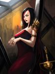  against_wall armlet black_hair bob_cut breasts dress fiora_laurent large_breasts league_of_legends lips lipstick makeup multicolored_hair neo-tk.. nose orange_eyes planted_sword planted_weapon red_dress red_hair short_hair shoulder_armor smile solo spaulders strapless strapless_dress sword weapon 