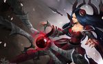  armor armored_dress bangs blue_eyes breasts cleavage floating floating_object hairpods irelia kunai large_breasts league_of_legends long_hair neo-tk.. orb parted_bangs pauldrons petals solo weapon wide_sleeves 