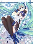  7th_dragon_(series) 7th_dragon_2020 absurdly_long_hair black_legwear blue_eyes full_body green_hair hatsune_miku highres long_hair skirt solo thighhighs twintails vebonbon very_long_hair vocaloid 