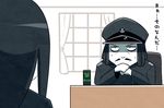  1girl abyssal_admiral_(kantai_collection) admiral_suwabe black_hair blue_eyes kantai_collection kei-suwabe ru-class_battleship shinkaisei-kan sweat sweatdrop translated 