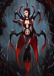  black_hair breasts center_opening claws crossed_legs elbow_gloves elise_(league_of_legends) gloves insect_girl league_of_legends long_fingers long_hair medium_breasts monster_girl navel neo-tk.. no_feet pubic_tattoo red_eyes red_hair revealing_clothes sideboob solo spider_girl spikes standing tattoo thigh_gap 