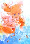  blue_eyes bubble fish goldfish hands_on_own_cheeks hands_on_own_face japanese_clothes jobo_(isi88) long_hair mermaid monster_girl orange_hair original shochuumimai smile twintails water 