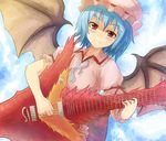  bat_wings blue_hair fang guitar hat instrument mitsuki_yuuya open_mouth red_eyes remilia_scarlet smile solo touhou wings 