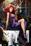  alternate_costume alternate_hairstyle bare_shoulders breasts china_dress chinese_clothes cleavage crossed_legs dress gun handgun high_heels large_breasts league_of_legends lipstick long_hair makeup money neo-tk.. nose on_table red_hair sarah_fortune secret_agent_miss_fortune side_slit sitting solo table wavy_hair weapon 