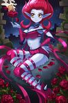  blue_skin bracer breasts card choker cleavage collar evelynn facial_mark flower forehead_mark garter_straps hand_on_hip harness knee_pads large_breasts league_of_legends miniskirt navel neo-tk.. pointy_ears ribbon_choker rose short_hair sitting skirt smile solo spiked_collar spikes strap_slip yellow_eyes 