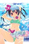  arikawa_satoru arms_up bikini black_hair blush bubble flower hair_flower hair_ornament hibiscus jewelry long_hair looking_at_viewer love_live! love_live!_school_idol_project md5_mismatch navel necklace red_eyes smile solo striped striped_bikini submerged swimsuit twintails underwater water yazawa_nico 