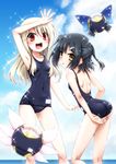  :d adjusting_clothes adjusting_swimsuit arm_up armpits ass black_hair blonde_hair blush collarbone covered_navel day fate/kaleid_liner_prisma_illya fate_(series) hair_ornament hairclip half_updo highres horiguchi_hiroshi illyasviel_von_einzbern long_hair looking_at_viewer looking_back magical_ruby magical_sapphire miyu_edelfelt multiple_girls one-piece_swimsuit open_mouth outdoors ponytail red_eyes school_swimsuit short_hair short_ponytail smile sparkle swimsuit yellow_eyes 