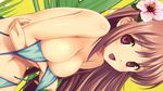  1girl areola_slip areolae artist_request bikini breasts brown_hair character_request cleavage flower hair_flower hair_ornament hanging_breasts happy koutaro large_breasts long_hair navel open_mouth original purple_eyes smile solo source_request swimsuit 