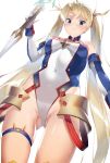  1girl absurdres ass_visible_through_thighs bangs bare_shoulders blonde_hair blue_eyes blush bradamante_(fate/grand_order) braid breasts covered_navel elbow_gloves fate/grand_order fate_(series) faulds french_braid gloves hair_between_eyes highleg highleg_leotard highres hips leotard long_hair looking_at_viewer looking_down medium_breasts parted_lips simple_background solo thigh_strap thighs twintails very_long_hair weapon white_background xkirara39x 