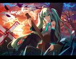  ahoge baisi_shaonian detached_sleeves green_hair hatsune_miku letterboxed long_hair necktie sitting skirt solo sunset thighhighs twintails very_long_hair vocaloid 