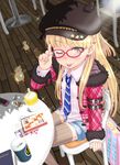 ;p bespectacled bird blush brown_legwear cabbie_hat cellphone coffee_cup cup disposable_cup duck earrings from_above fur_trim glasses hat idolmaster idolmaster_cinderella_girls jewelry jougasaki_rika long_hair looking_at_viewer nail_polish necktie one_eye_closed phone pink-framed_eyewear shorts sitting solo striped striped_legwear suzuya_wataru thighhighs tongue tongue_out vertical-striped_legwear vertical_stripes 