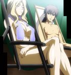  1boy 1girl blonde_hair breasts elizabeth_mably eyes_closed freezing_(series) highres large_breasts long_hair nude sitting stitched towel 