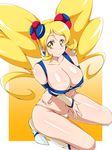  adapted_costume bikini blonde_hair breasts cleavage cure_honey detached_sleeves earrings happinesscharge_precure! jabara_tornado jewelry large_breasts looking_at_viewer magical_girl navel oomori_yuuko popcorn_cheer precure shiny shiny_skin skindentation smile solo squatting swimsuit twintails yellow_eyes 