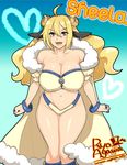  1girl agawa_ryou animal_ears bare_shoulders bikini blonde_hair bracelet breasts brown_eyes curvy female horns jewelry large_breasts leaning_forward lips lipstick long_hair makeup nail_polish navel open_mouth ring solo standing swimsuit yellow_eyes 
