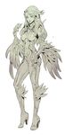  bodysuit boots feathers full_body head_wings high_heel_boots high_heels kilart long_hair monochrome solo standing white_background 