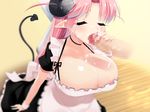  1girl areola_slip areolae breasts censored cleavage cum cum_in_mouth cum_on_body cum_on_breasts cum_on_upper_body demon_girl demon_tail eyes_closed fellatio horns huge_breasts kaimantokage long_hair maid oral penis pink_hair pointy_ears shiny shiny_skin tail 