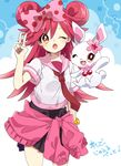  ;o bad_id bad_pixiv_id blush bow brown_eyes bunny clothes_around_waist daruma_(sykdrm) double_bun hair_bow highres jewelpet_(series) lady_jewelpet long_hair looking_at_viewer momona necktie one_eye_closed pink_hair polka_dot polka_dot_bow ruby_(jewelpet) sweater sweater_around_waist v 