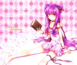  argyle argyle_background bare_shoulders barefoot book bow character_name choker crescent crescent_hair_ornament double_bun dress hair_bow hair_ornament highres jun2onod long_hair looking_at_viewer off_shoulder patchouli_knowledge pink_background purple_eyes purple_hair ribbon sitting striped thigh_ribbon touhou vertical-striped_dress vertical_stripes very_long_hair wrist_cuffs 