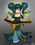  aqua_hair bare_shoulders breasts cleavage dress gradient_hair green_eyes green_hair hair_ornament instrument large_breasts league_of_legends long_dress long_hair multicolored_hair music neo-tk.. off-shoulder_dress off_shoulder playing_instrument reflective_floor solo sona_buvelle twintails 