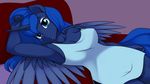  2014 anthro anthrofied blue_body blue_eyes blue_hair breasts cleavage clothed clothing cutie_mark equine eyelashes eyeshadow female friendship_is_magic hair hi_res horn kloudmutt looking_at_viewer lying makeup mammal my_little_pony navel on_back princess_luna_(mlp) shirt solo winged_unicorn wings 