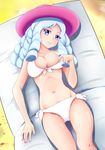  :3 bikini blue_eyes blue_hair breasts buildup71 happinesscharge_precure! hat highres hosshiwa large_breasts light_blue_hair long_hair looking_at_viewer lying on_back pink_hat precure ringlets solo swimsuit white_bikini 