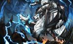  bared_teeth bear blue_eyes electricity fangs forehead_protector gauntlets glowing glowing_eyes highres league_of_legends muscle neo-tk.. no_humans no_pupils pauldrons plate_armor polar_bear solo volibear 