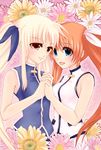  2girls blonde_hair blue_eyes blush couple fate_testarossa female flower hair_ornament hand_holding long_hair looking_at_another lyrical_nanoha mahou_senki_lyrical_nanoha_force mahou_shoujo_lyrical_nanoha mahou_shoujo_lyrical_nanoha_strikers mahou_shoujo_lyrical_nanoha_vivid multiple_girls orange_hair pigtails red_eyes takamachi_nanoha twintails uniform watercolormark yuri 