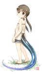  bare_shoulders blush brown_eyes brown_hair kito_(sorahate) long_hair low_twintails original sandals shorts simple_background solo tail twintails white_background 