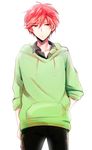  collarbone gekkan_shoujo_nozaki-kun highres hood hoodie male_focus mikanmochi mikoshiba_mikoto pants red_eyes red_hair simple_background solo white_background 