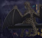  2014 anthro barefoot city city_background cityscape cloudy depression feline gargoyle hybrid klaue leogarg leopard lightning lonely mammal mosa nude outside paws rain shaded sky solo spots spread_wings wings 