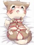  ambiguous_gender blush bound butt cute fallinnight ferret fluffy_tail furret hindpaw lying mammal mustelid navel nintendo on_back open_mouth pawpads paws pok&eacute;mon sheets solo tears video_games 