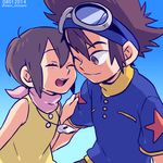  1girl :d ^_^ brother_and_sister brown_eyes brown_hair closed_eyes digimon digimon_adventure dramatica goggles goggles_on_head jewelry necklace one_eye_closed open_mouth scarf short_hair short_sleeves siblings smile star twitter_username whistle yagami_hikari yagami_taichi 
