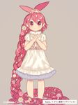  absurdly_long_hair artist_name bow braid braided_ponytail closed_mouth flaky flower hair_between_eyes hair_flower hair_ornament hands_clasped happy_tree_friends kab00m_chuck long_hair looking_at_viewer multiple_braids neck_ruff own_hands_together personification pink_bow pink_flower pink_ribbon puffy_short_sleeves puffy_sleeves red_eyes red_flower red_hair ribbon short_sleeves simple_background solo standing translation_request very_long_hair w_arms white_flower 