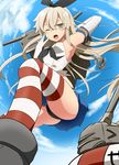  ;o anchor arm_up armpits black_panties blonde_hair elbow_gloves from_below gloves grey_eyes hairband highres kantai_collection lifebuoy long_hair one_eye_closed open_mouth panties rensouhou-chan rumia_(compacthuman) shimakaze_(kantai_collection) skirt solo striped striped_legwear thighhighs underwear 