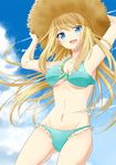  aqua_bikini arms_up bikini blonde_hair blue_eyes breasts chloe_lemaire cloud day girlfriend_(kari) hands_on_headwear hat holding large_breasts long_hair looking_at_viewer navel open_mouth rumia_(compacthuman) sky solo stomach swimsuit 