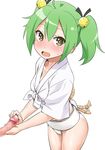 1girl :d ahoge bangs bell blush breasts censored clothed_sex cowboy_shot crop_top from_side front-tie_top fundoshi gj-bu green_hair grey_eyes groin hair_bell hair_ornament hair_ribbon handjob hetero japanese_clothes jingle_bell kannazuki_tamaki leaning_forward looking_at_viewer midriff mosaic_censoring no_pants open_mouth parted_bangs penis ribbon rope shirt short_hair short_sleeves short_twintails sidelocks simple_background small_breasts smile solo_focus standing sweatdrop twintails two-handed_handjob white_background white_shirt wide_sleeves yamakasa youkan 