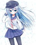  black_legwear blouse blue_eyes esureki flat_cap hat hibiki_(kantai_collection) kantai_collection long_hair long_sleeves pantyhose school_uniform serafuku silver_hair skirt solo white_hair 