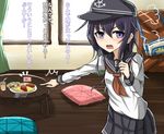  akatsuki_(kantai_collection) anchor_symbol blush clenched_hand cushion flag food hat kantai_collection long_hair long_sleeves looking_at_viewer neckerchief okosama_lunch omelet open_mouth pleated_skirt pointing purple_eyes purple_hair rabochicken red_neckwear rising_sun sailor_collar school_uniform serafuku skirt solo sunburst table translated 