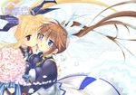 2girls artist_request blonde_hair blue_eyes bouquet brown_hair cover cover_page doujin_cover fate_testarossa female flower hair_ornament long_hair looking_at_another lyrical_nanoha mahou_senki_lyrical_nanoha_force mahou_shoujo_lyrical_nanoha mahou_shoujo_lyrical_nanoha_strikers mahou_shoujo_lyrical_nanoha_vivid marriage multiple_girls pigtails red_eyes takamachi_nanoha tsunpun twintails wedding yuri 