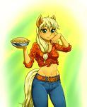  2014 anthro anthrofied applejack_(mlp) belt blonde_hair clothing earth_pony equine female freckles friendship_is_magic green_eyes hair holding horse jeans mammal my_little_pony navel pia-sama pie pony shirt solo standing sweat text wet 