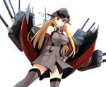  anchor bare_shoulders bismarck_(kantai_collection) blonde_hair blue_eyes detached_sleeves hand_on_hip hat kantai_collection long_hair machinery military military_uniform nueco peaked_cap solo thighhighs uniform white_background zettai_ryouiki 