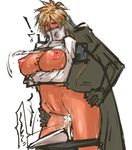  1boy 1girl arrancar bleach blonde_hair blush breast_hold breasts crossed_arms cum cum_in_pussy dark_skin espada face_mask faceless faceless_male full-face_blush green_eyes hetero highres huge_breasts mask nameo_(judgemasterkou) navel nipples overflow pants_down sex short_hair solo_focus sweat tier_harribel underboob vaginal 