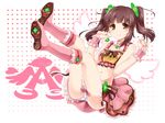  ass bad_id bad_pixiv_id brown_eyes brown_hair detached_collar frills full_body highres idolmaster idolmaster_cinderella_girls legs_up looking_at_viewer midriff navel ogata_chieri panties pantyshot pantyshot_(sitting) paopao polka_dot polka_dot_background shoes short_twintails simple_background sitting skirt smile tank_top thighs twintails underwear white_panties wrist_cuffs 