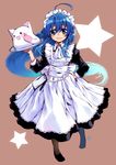  ahoge alternate_costume apron blue_eyes blue_hair blush cat enmaided highres izumi_konata long_hair lucky_star maid maid_headdress mole mole_under_eye nyamou pen smile solo star takanashi_ringo tray very_long_hair 