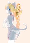  2014 blonde_hair blue_eyes breasts cat clothed clothing eyelashes feline female hair legwear long_hair looking_at_viewer mammal plain_background solo standing stockings underwear きいち 